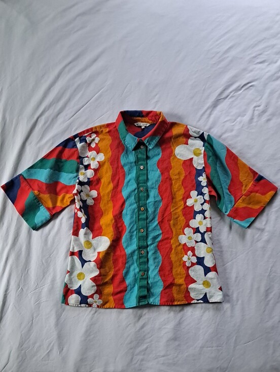 Only Tops - ONLY Multicolor Bold Floral Wave Print Button-Up Top Size L Funky Pop Art Boho